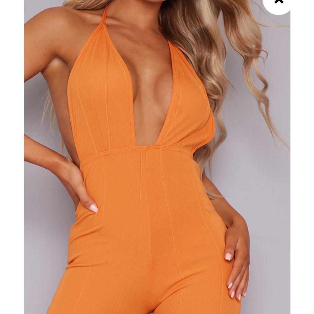 Orange Bandage Rib Plunge Flared Leg Jumpsuit